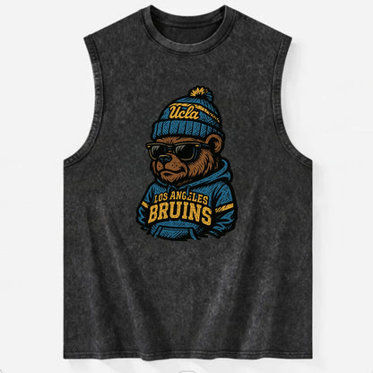 Los Angeles Bruin wearing UCLA beanie with script patch - Vintage Washed Tank - Black