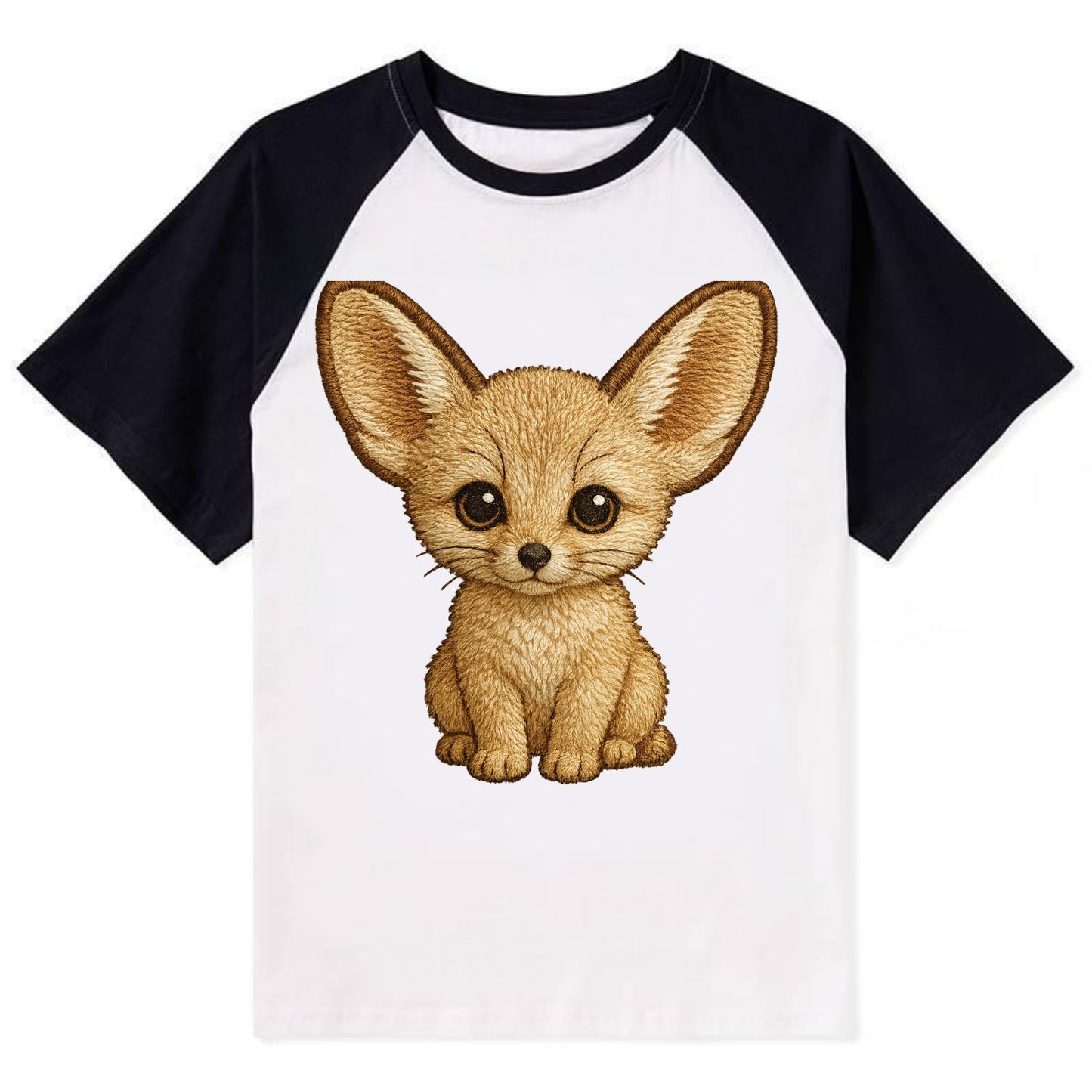 Baby Fennec Fox - huge ears, cream fur, large dark eyes, front-facing, - Contrast Raglan T-shirt - Black
