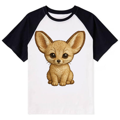 Baby Fennec Fox - huge ears, cream fur, large dark eyes, front-facing, - Contrast Raglan T-shirt - Black