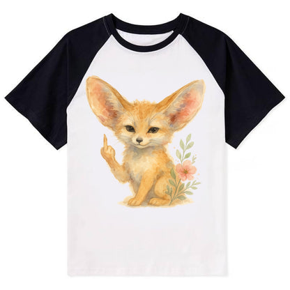 tiny fennec fox with oversized ears, one small paw raised in sass - Contrast Raglan T-shirt - Black