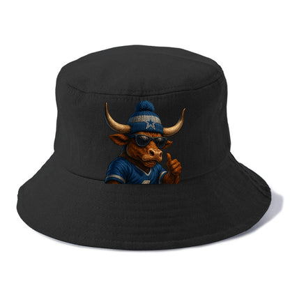 Texas Longhorn wearing Cowboys silver and blue beanie with star and wayfarer sunglasses - Bucket Hat - Black