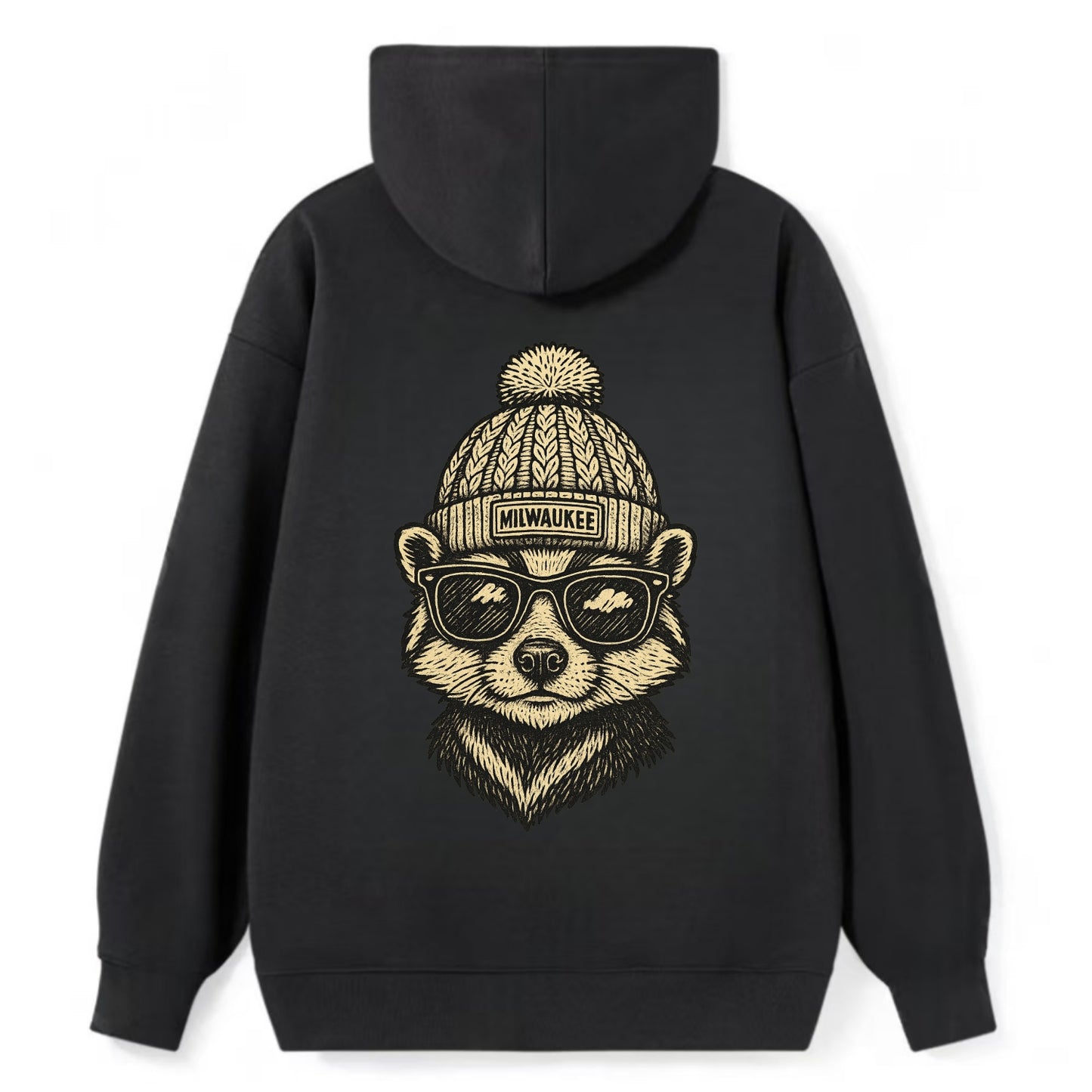 Wisconsin Badger wearing Milwaukee beanie with pom pom and wayfarer - Classic Pullover Hoodie - Black