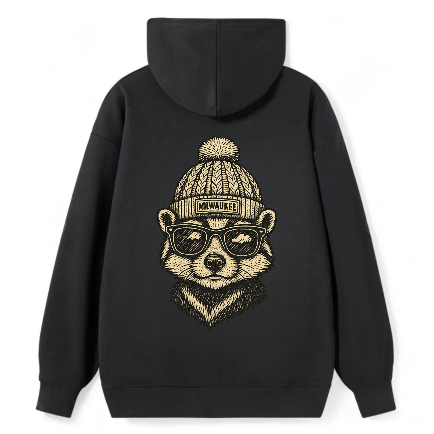 Wisconsin Badger wearing Milwaukee beanie with pom pom and wayfarer - Classic Pullover Hoodie - Black
