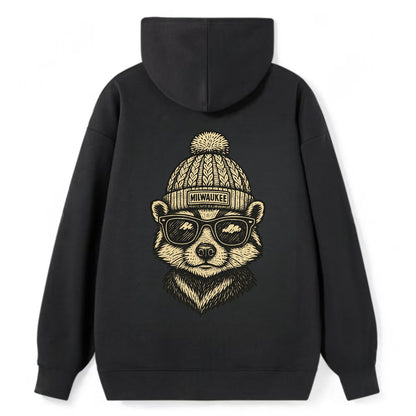 Wisconsin Badger wearing Milwaukee beanie with pom pom and wayfarer - Classic Pullover Hoodie - Black