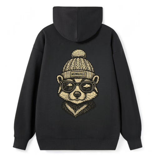 Wisconsin Badger wearing Milwaukee beanie with pom pom and wayfarer - Classic Pullover Hoodie