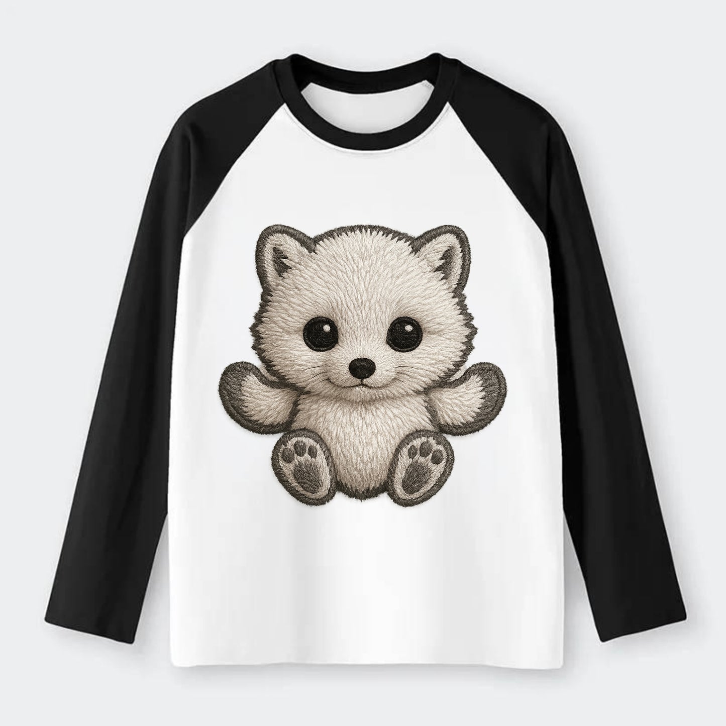Baby Arctic Fox - white fluffy, tiny black nose, bright curious eyes, - Raglan Long Sleeve T-Shirt - Black