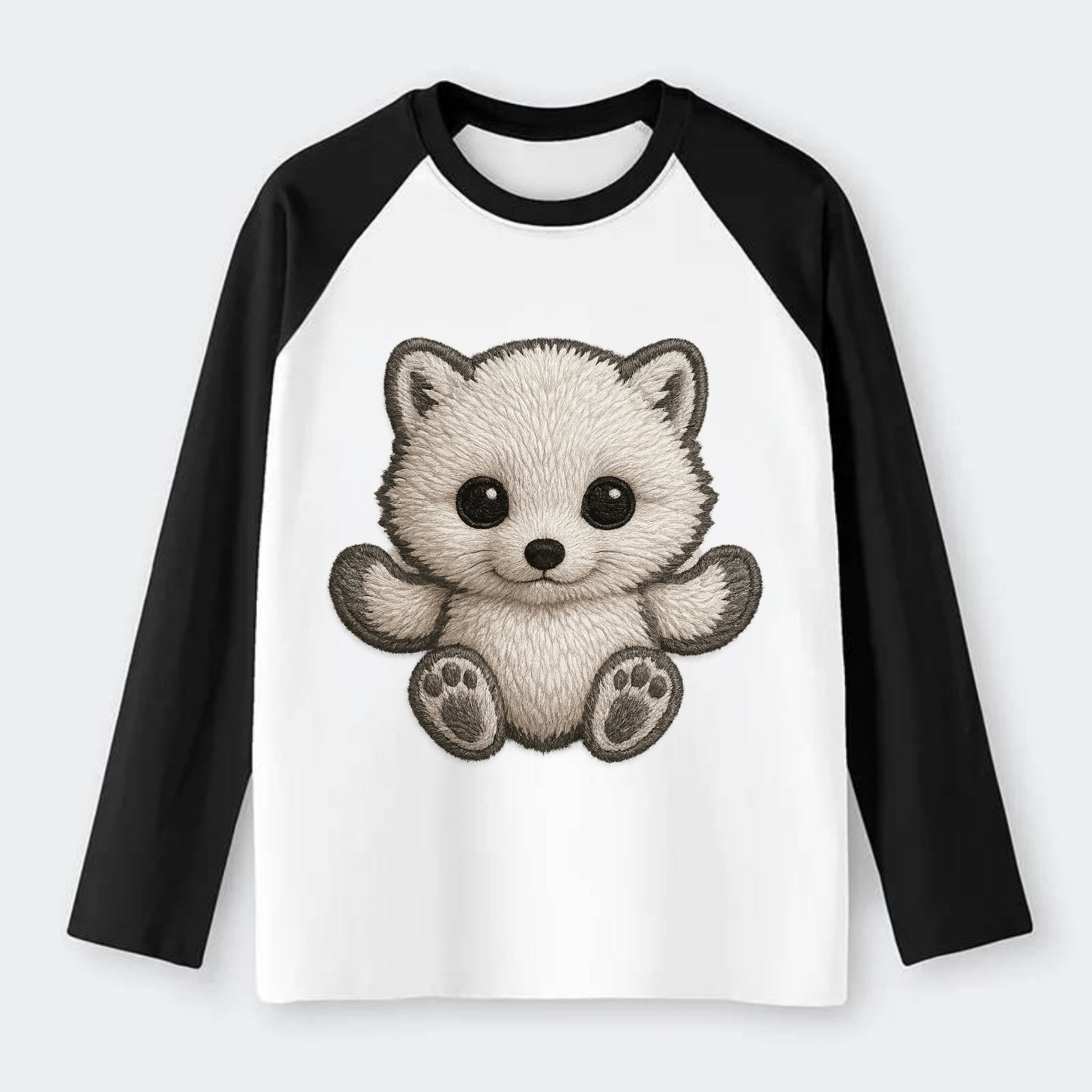 Baby Arctic Fox - white fluffy, tiny black nose, bright curious eyes, - Raglan Long Sleeve T-Shirt - Black