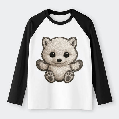 Baby Arctic Fox - white fluffy, tiny black nose, bright curious eyes, - Raglan Long Sleeve T-Shirt - Black