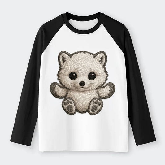Baby Arctic Fox - white fluffy, tiny black nose, bright curious eyes, - Raglan Long Sleeve T-Shirt - Black