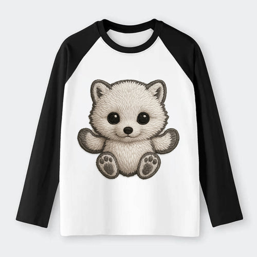 Baby Arctic Fox - white fluffy, tiny black nose, bright curious eyes, - Raglan Long Sleeve T-Shirt