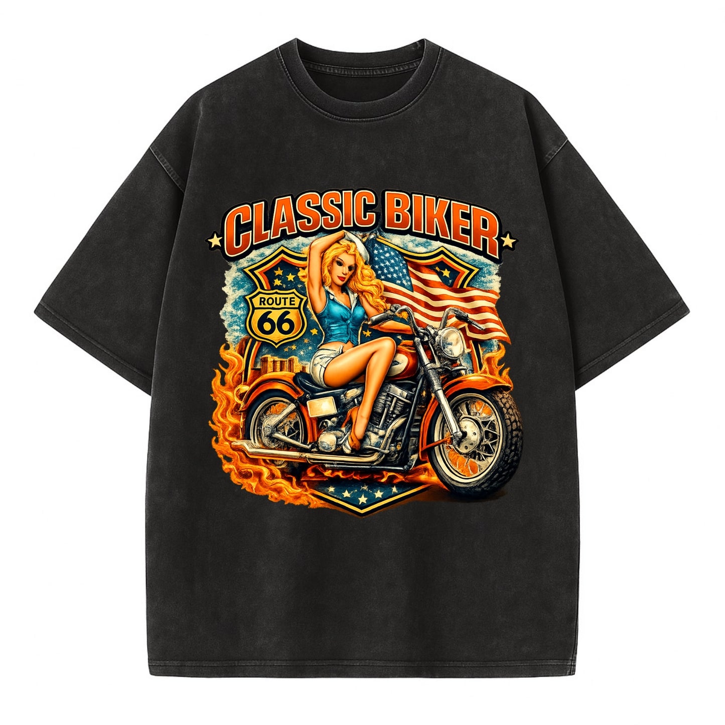 Classic Pinup Biker - Vintage T-shirt - Black