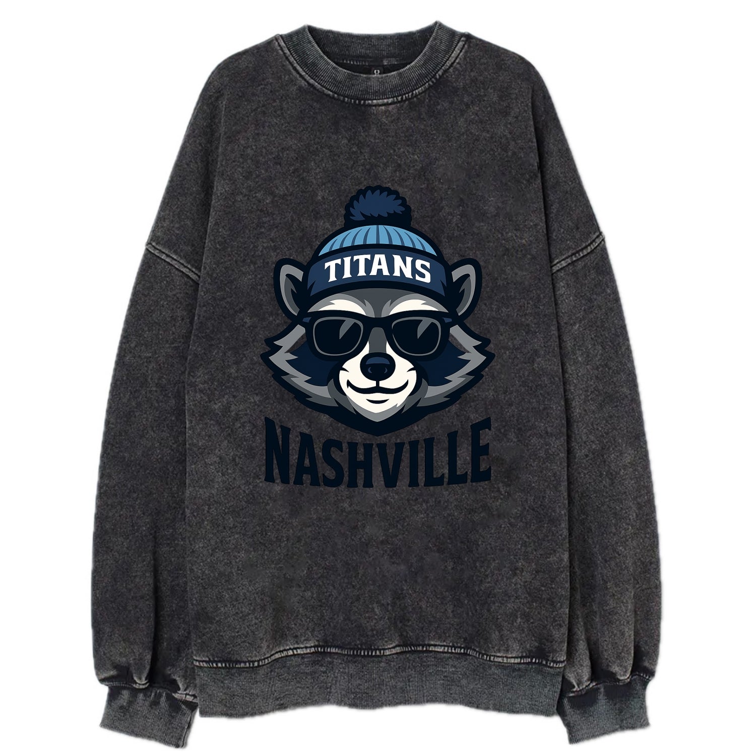 Nashville Raccoon wearing Titans navy and light blue beanie with pom pom and - Vintage Sweatshirt - Black