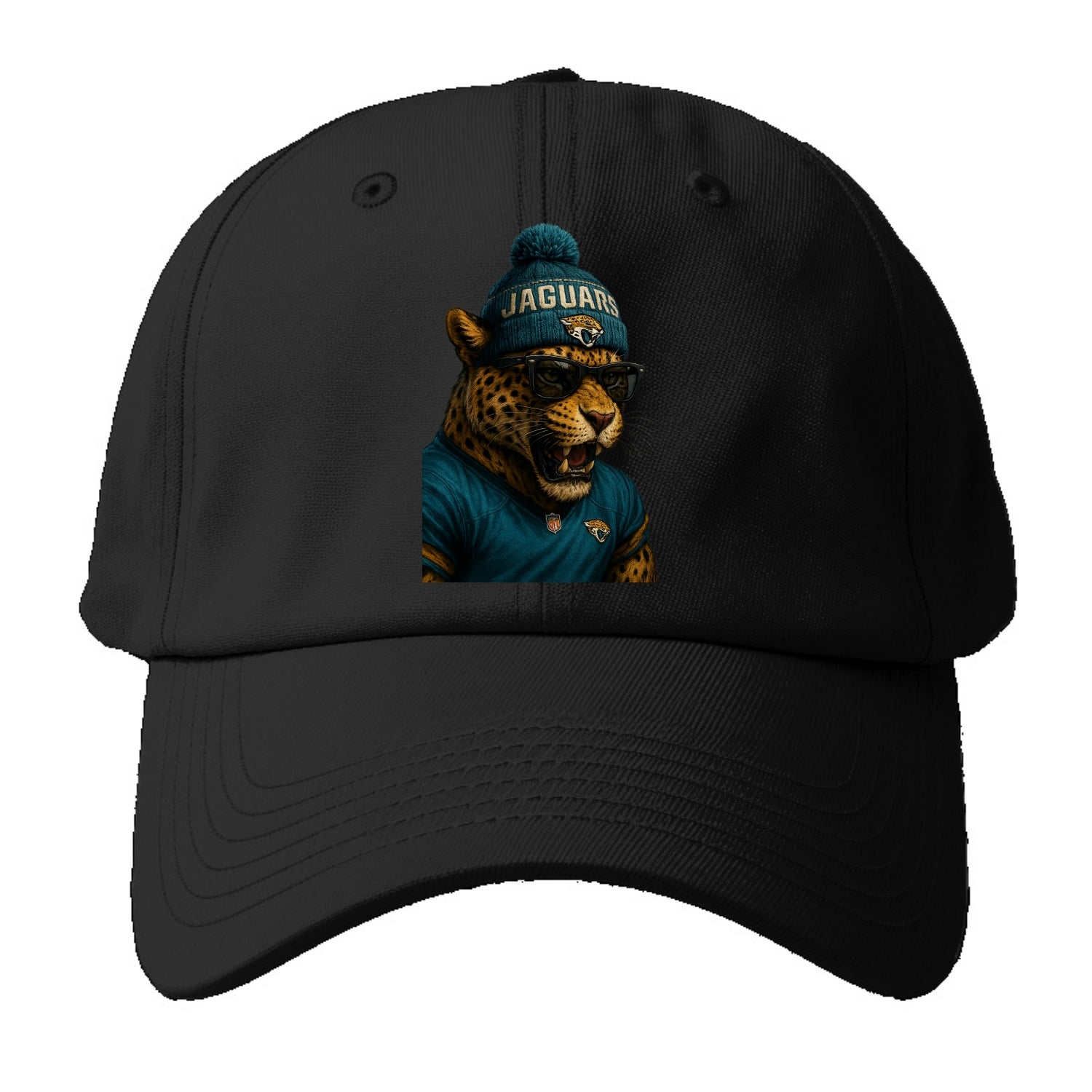 Jacksonville Jaguar wearing Jaguars teal and gold beanie with pom pom - Baseball Cap For Big Heads - Black