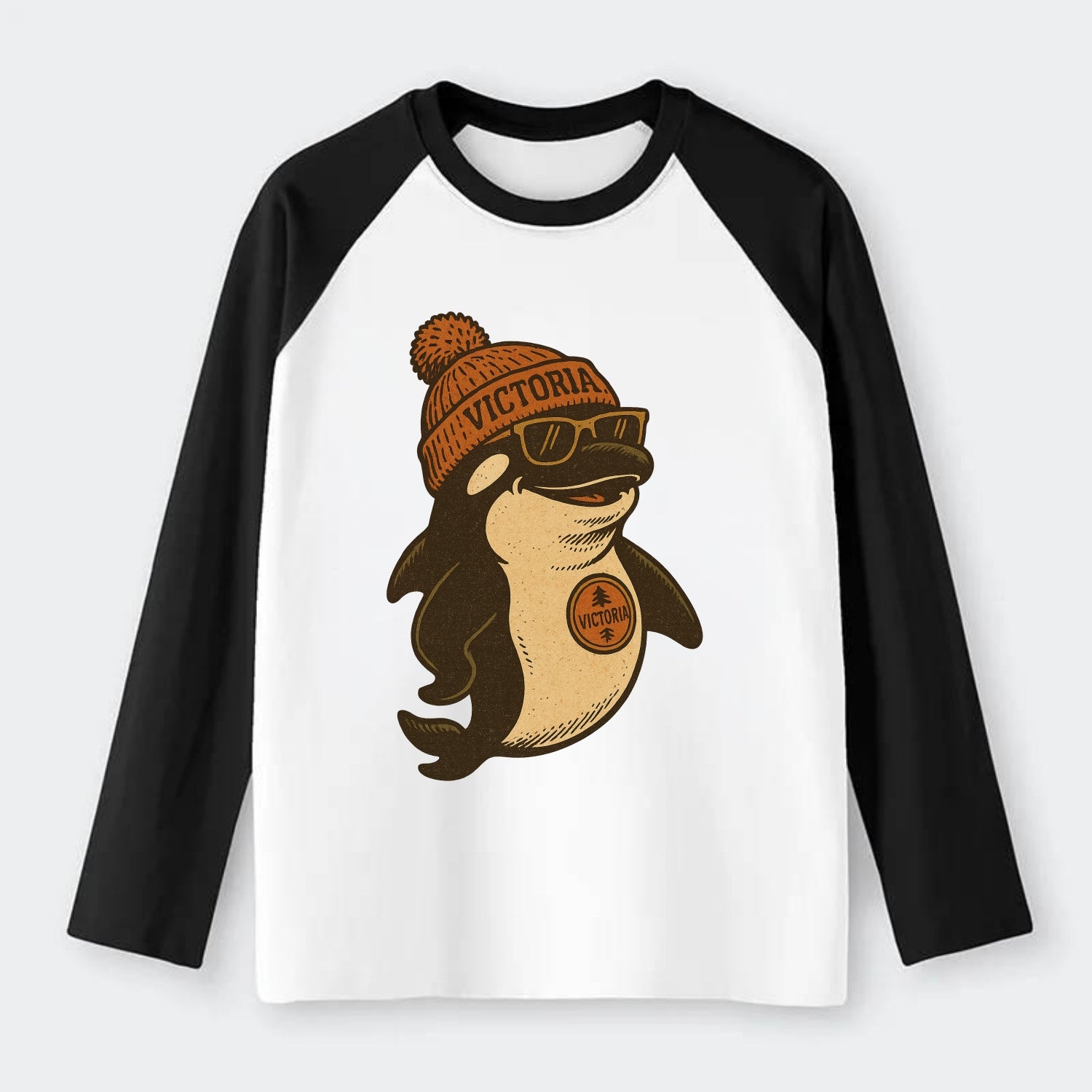 Victoria Orca wearing Victoria beanie with pom pom and wayfarer - Raglan Long Sleeve T-Shirt - Black
