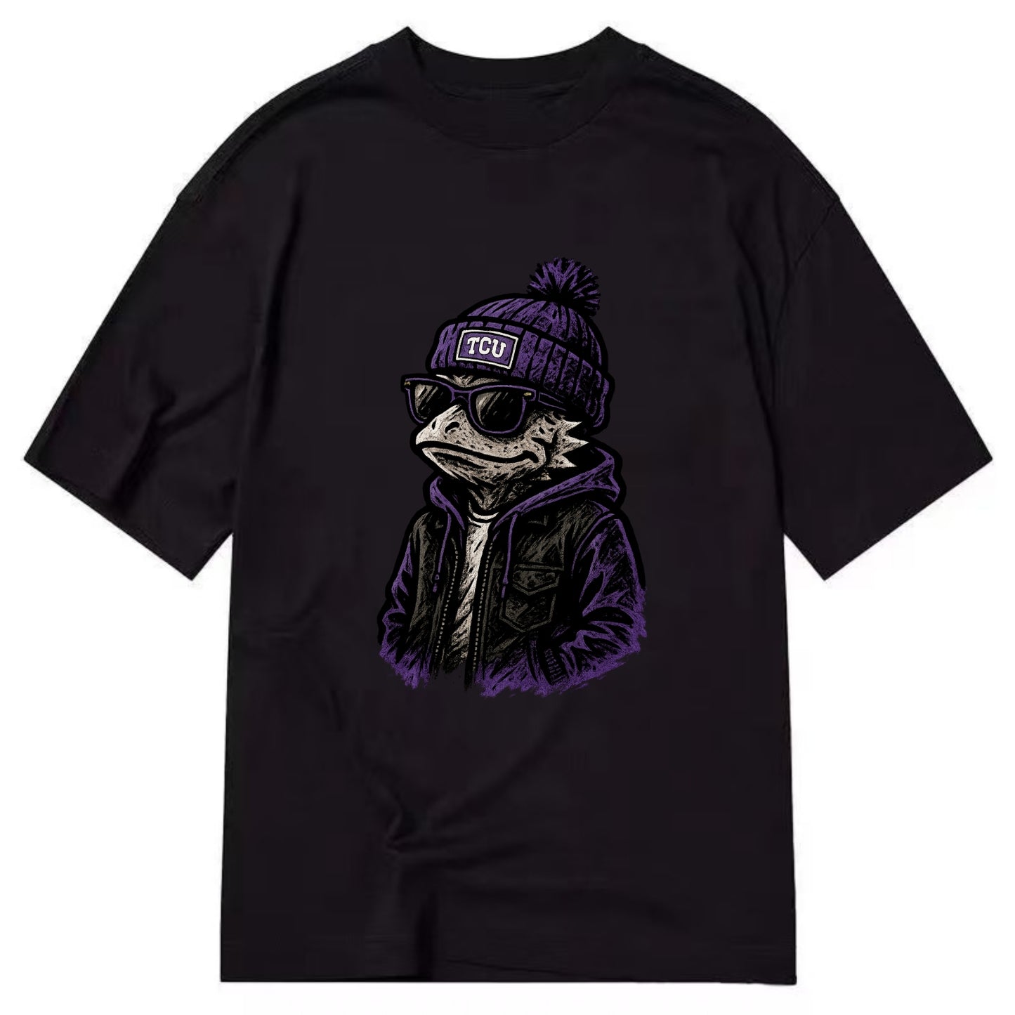 Fort Worth Frog wearing TCU beanie with horned patch - Classic T-shirt - Black
