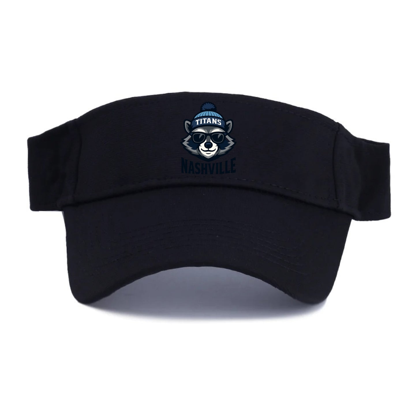 Nashville Raccoon wearing Titans navy and light blue beanie with pom pom and wayfarer - Visor - Black