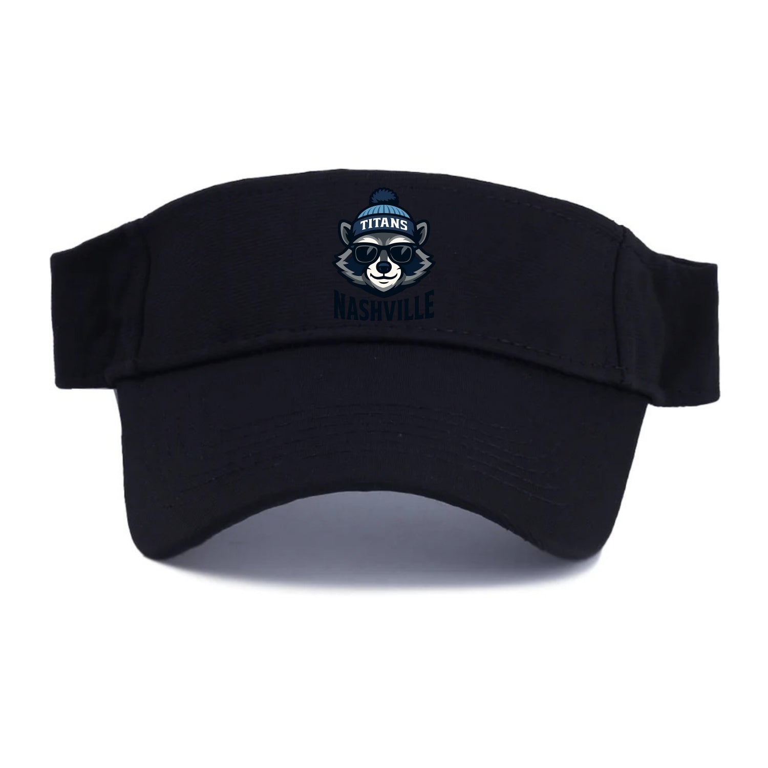 Nashville Raccoon wearing Titans navy and light blue beanie with pom pom and wayfarer - Visor - Black