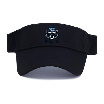 Nashville Raccoon wearing Titans navy and light blue beanie with pom pom and wayfarer - Visor - Black