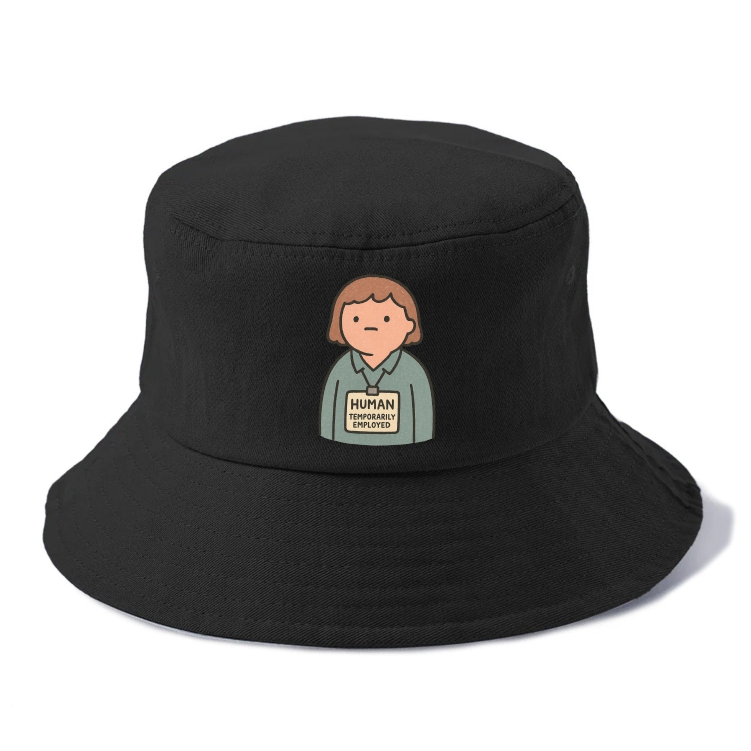 Worker wearing ID badge that says "Human - Temporarily Employed" - existential dread - Bucket Hat - Black