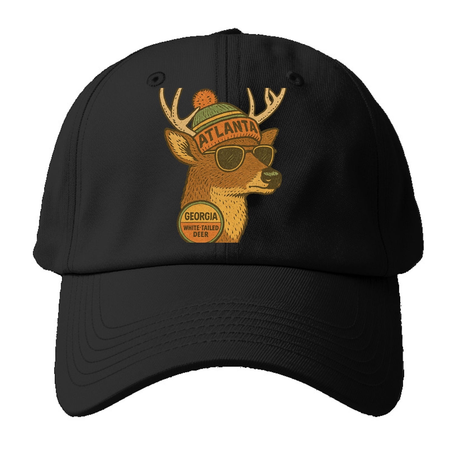 Georgia White-tailed Deer wearing Atlanta beanie with pom pom and wayfarer sunglasses - Baseball Cap - Black