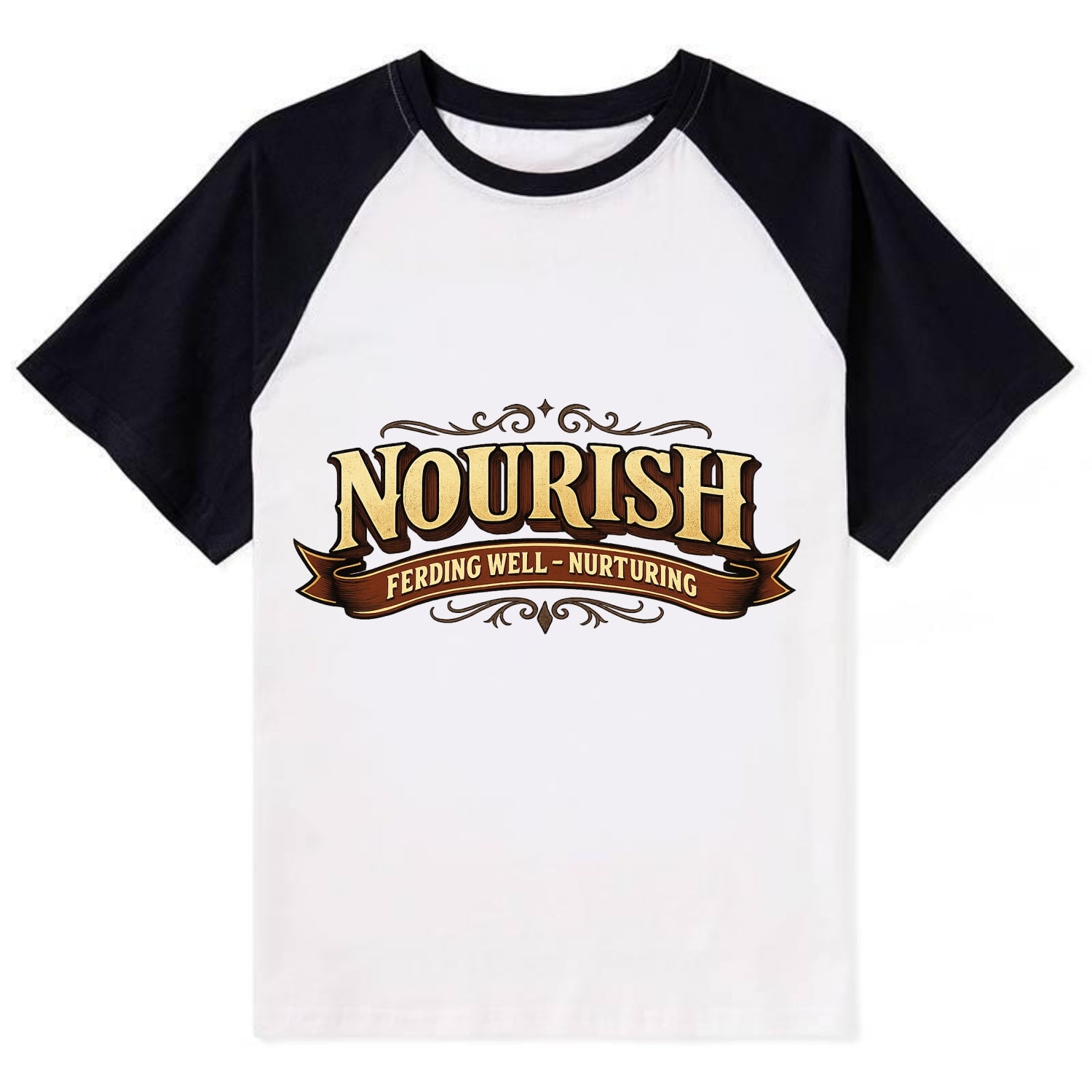 Bold typography design - "NOURISH" - feeding well, nurturing - Contrast Raglan T-shirt - Black