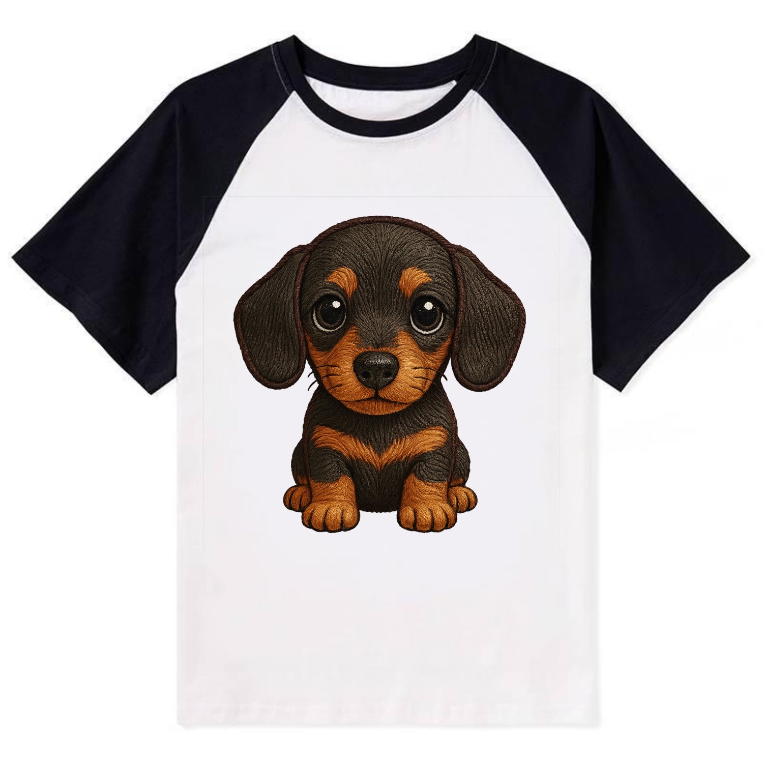 Baby Dachshund Puppy - long body, short legs, floppy ears, curious eyes, - Contrast Raglan T-shirt - Black