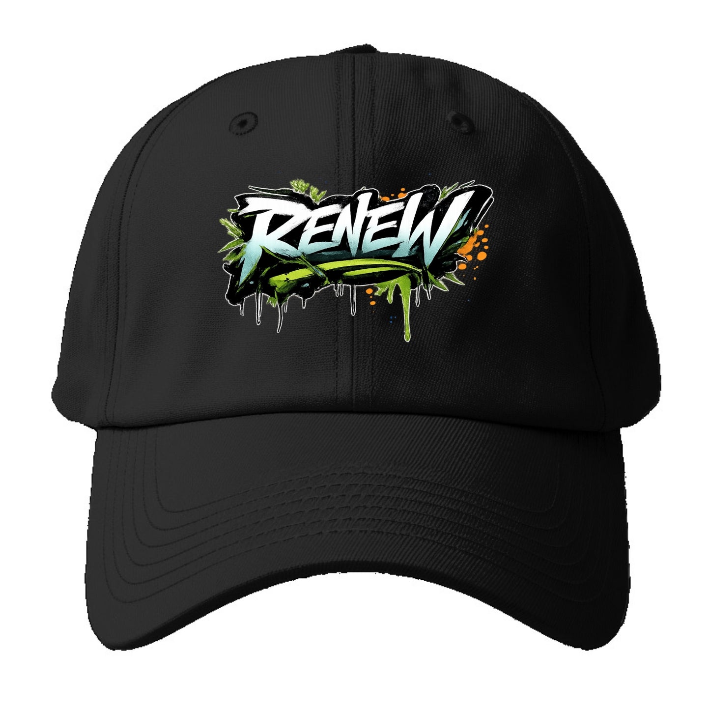 Bold typography design - "RENEW" - starting fresh, regenerating - Baseball Cap - Black