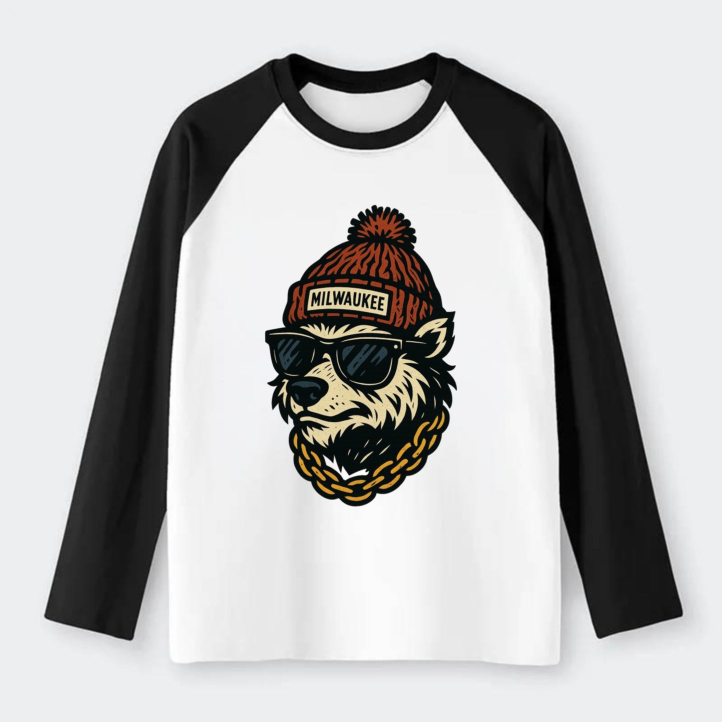 Milwaukee Badger wearing Milwaukee beanie with pom pom and wayfarer - Raglan Long Sleeve T-Shirt - Black