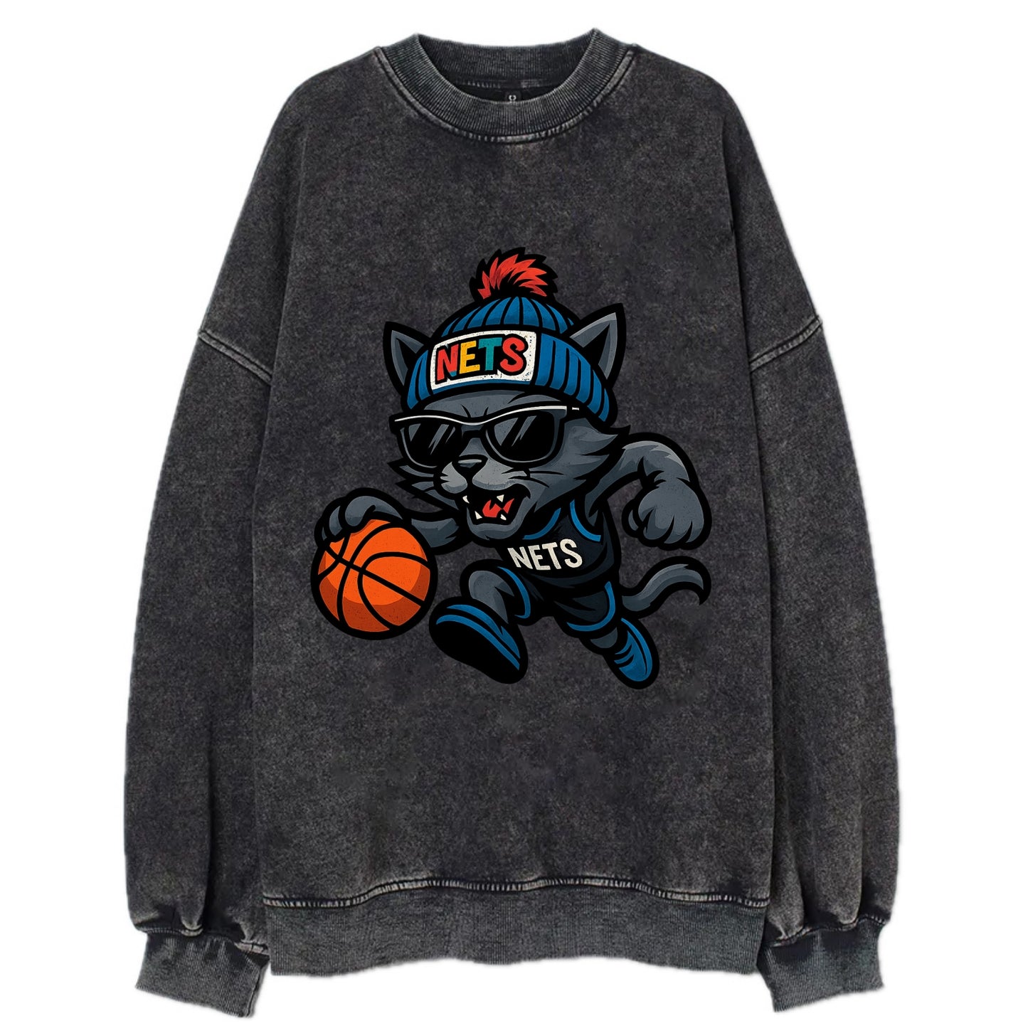 Brooklyn Cat wearing Nets beanie with street art patch and wayfarer sunglasses - Vintage Sweatshirt - Black