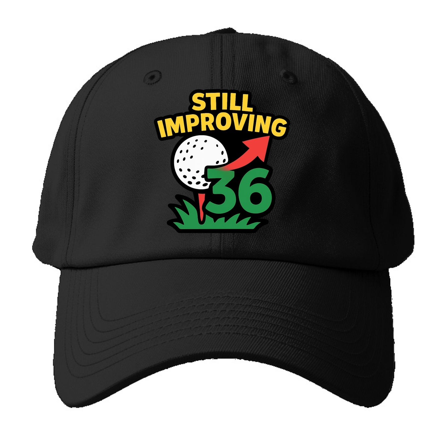 Handicap number getting higher with arrow - "Still Improving" - optimistic handicap - Baseball Cap - Black