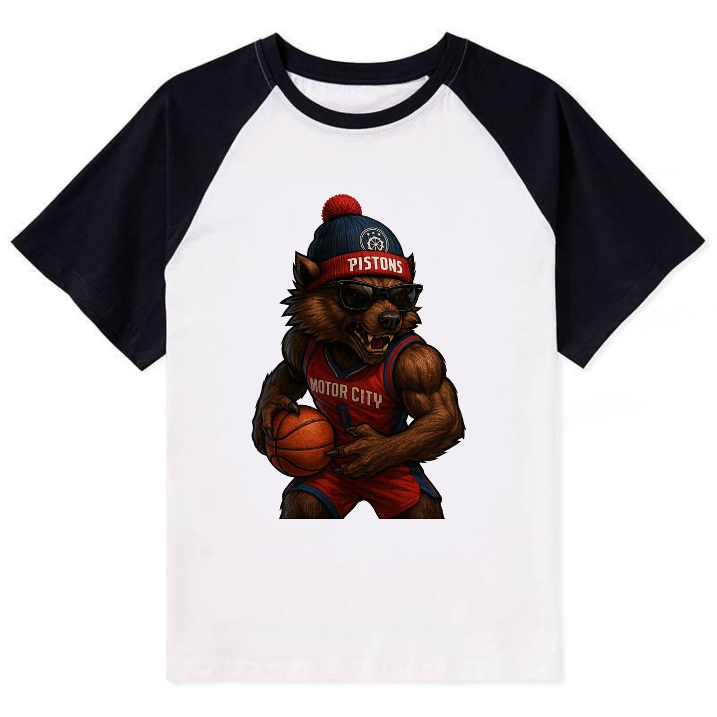 Motor City Wolverine wearing Pistons beanie with gear patch and wayfarer - Contrast Raglan T-shirt - Black