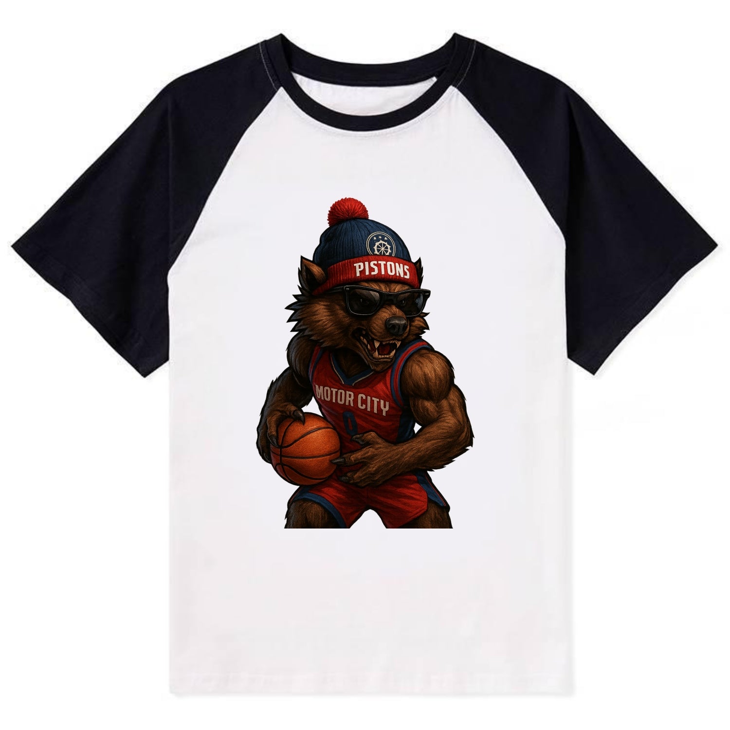 Motor City Wolverine wearing Pistons beanie with gear patch and wayfarer - Contrast Raglan T-shirt - Black