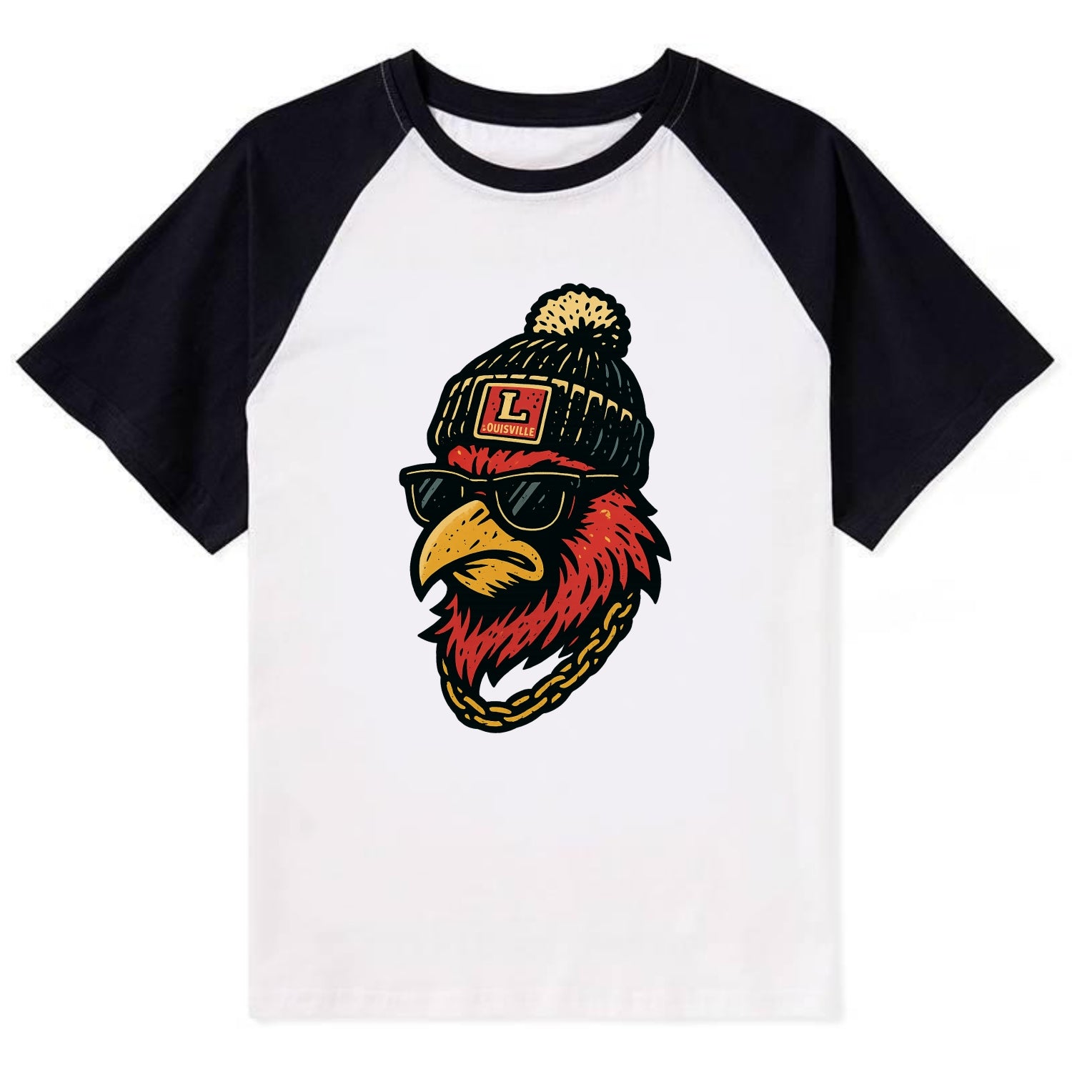 Louisville Cardinal wearing Louisville beanie with L patch - Contrast Raglan T-shirt - Black