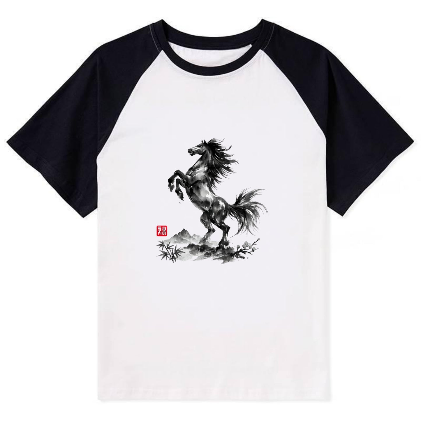 WILD STALLION | Powerful stallion rearing up | Windswept mane and tail | - Contrast Raglan T-shirt - Black