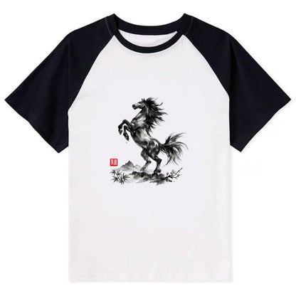 WILD STALLION | Powerful stallion rearing up | Windswept mane and tail | - Contrast Raglan T-shirt - Black