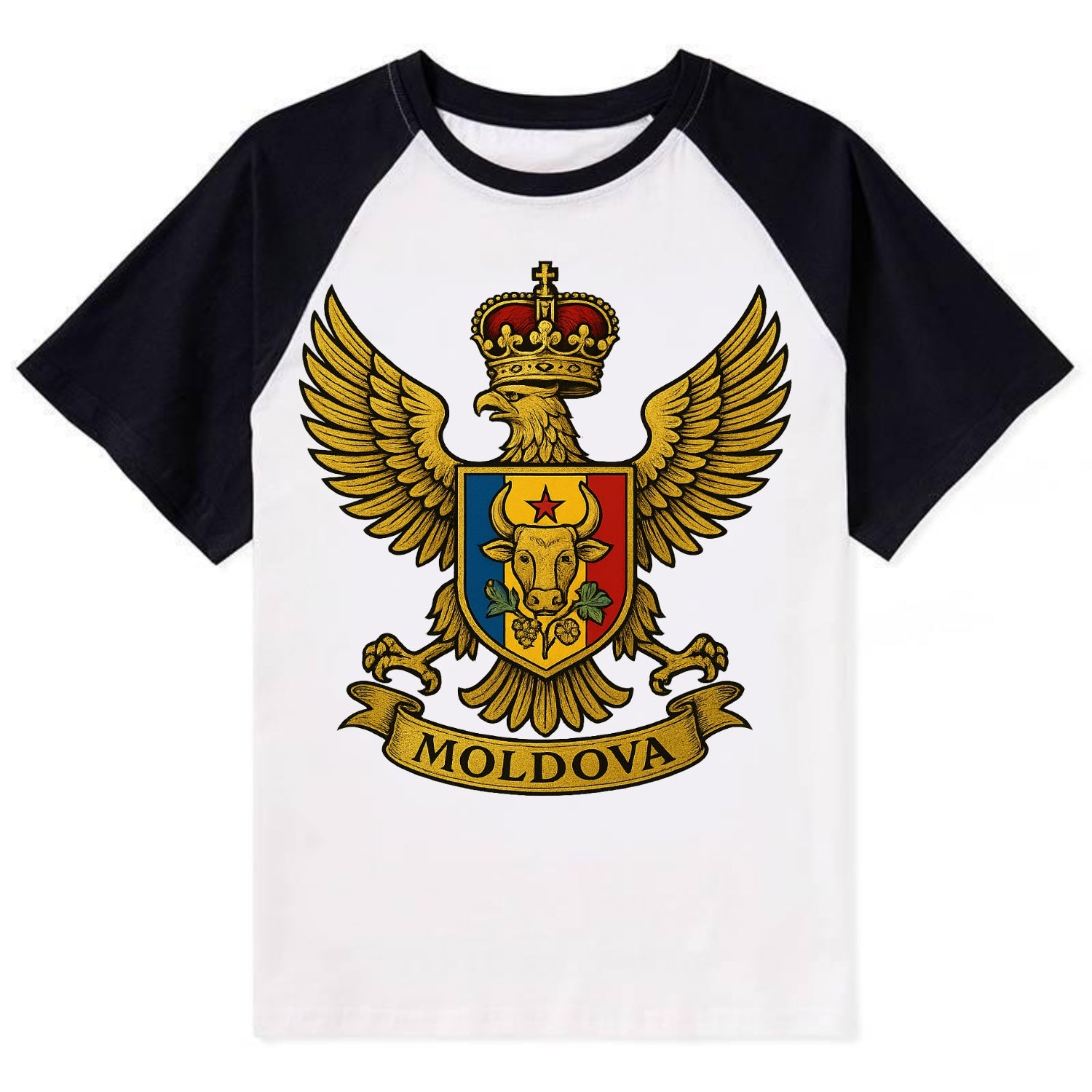 Moldova Heritage Badge  - Contrast Raglan T-shirt - Black