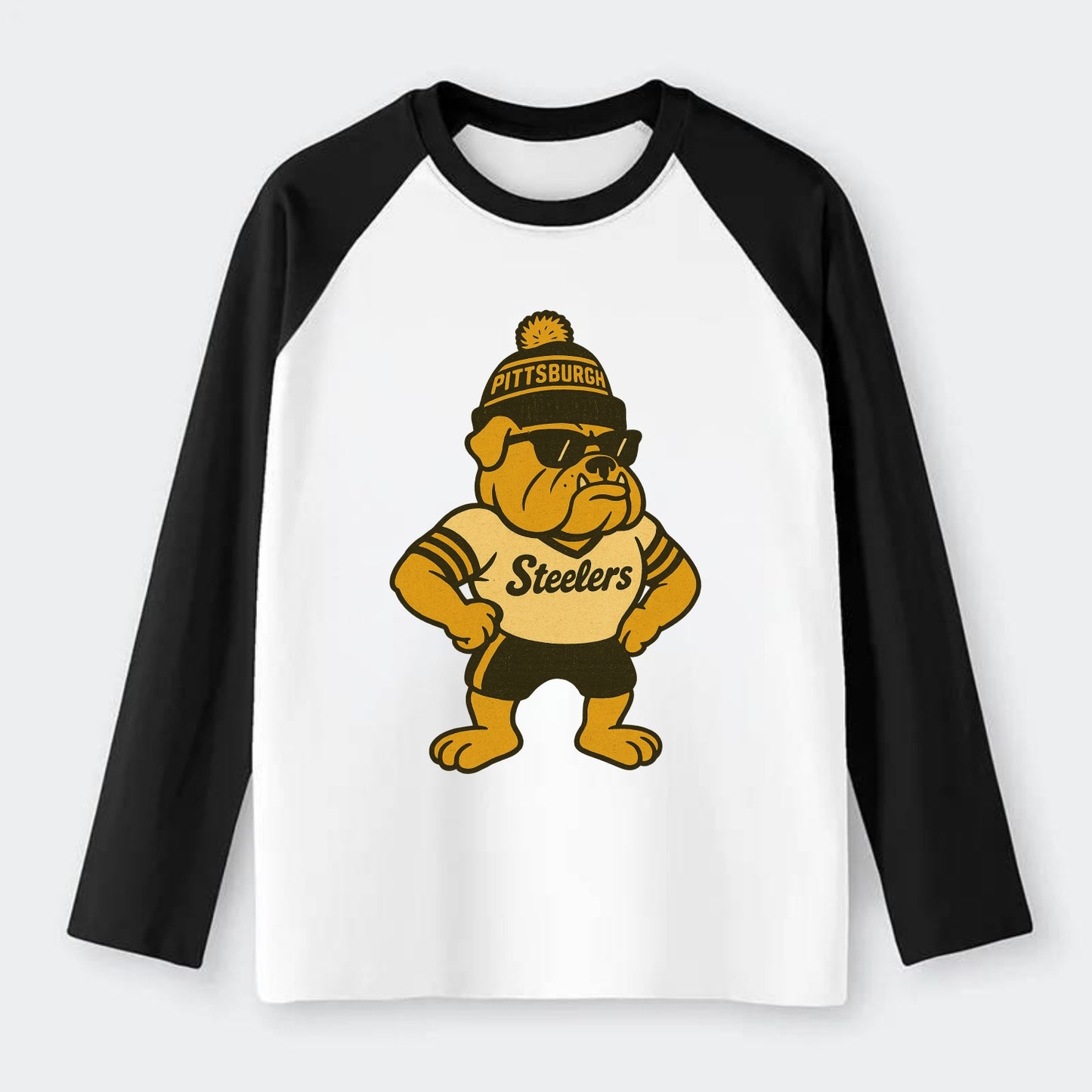 Pittsburgh Bulldog wearing Steelers black and gold beanie with pom pom - Raglan Long Sleeve T-Shirt - Black