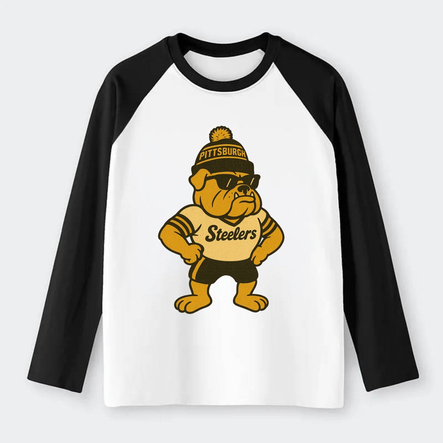 Pittsburgh Bulldog wearing Steelers black and gold beanie with pom pom - Raglan Long Sleeve T-Shirt - Black