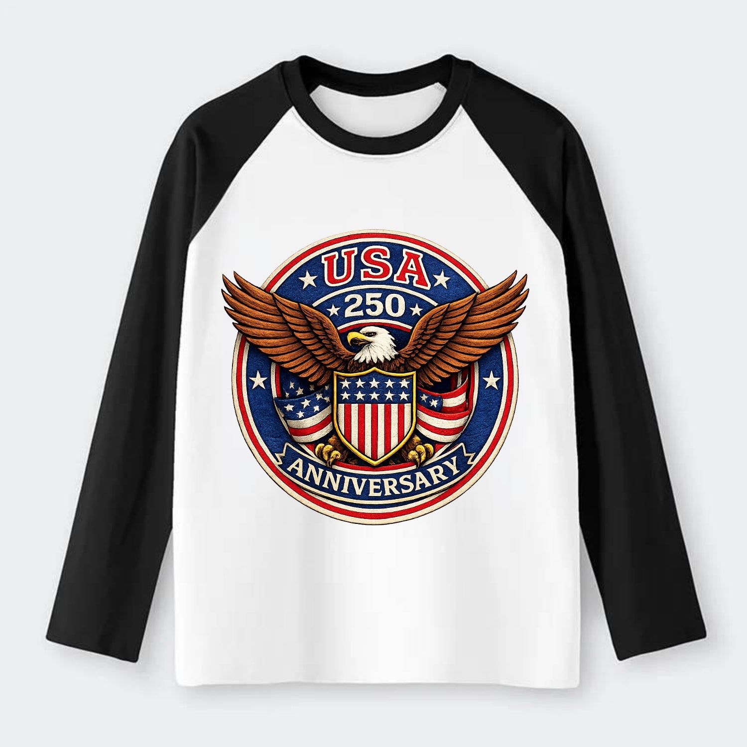 Usa 250 Anniversary Eagle Shield Emblem - Raglan Long Sleeve T-Shirt - Black