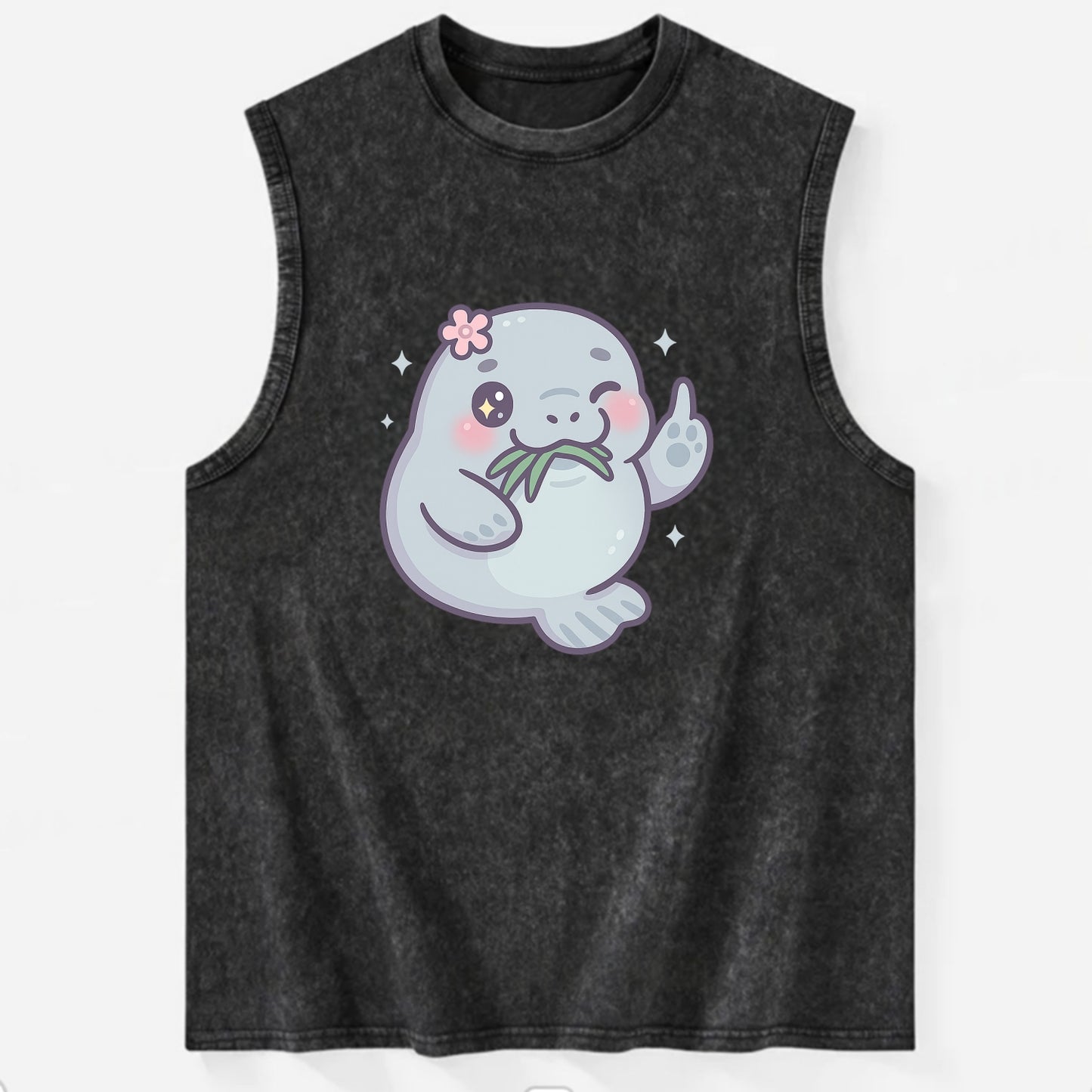 chubby manatee munching on seagrass, one flipper raised with sass - Vintage Washed Tank - Black