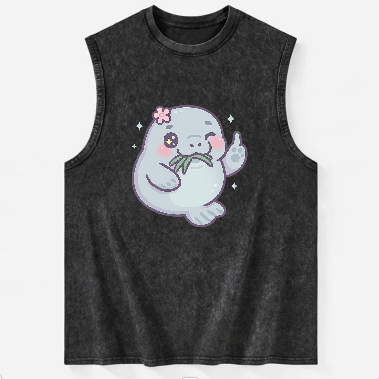 chubby manatee munching on seagrass, one flipper raised with sass - Vintage Washed Tank - Black