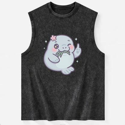 chubby manatee munching on seagrass, one flipper raised with sass - Vintage Washed Tank - Black