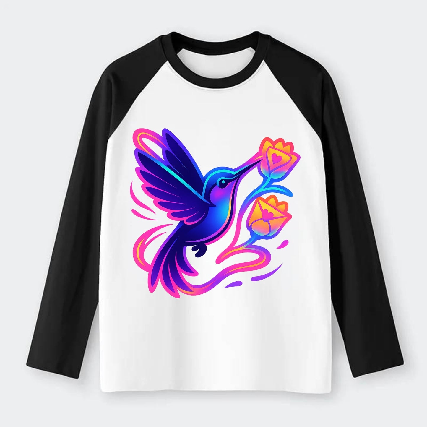 Hummingbird delivering miniature love letters tucked inside flower - Raglan Long Sleeve T-Shirt - Black