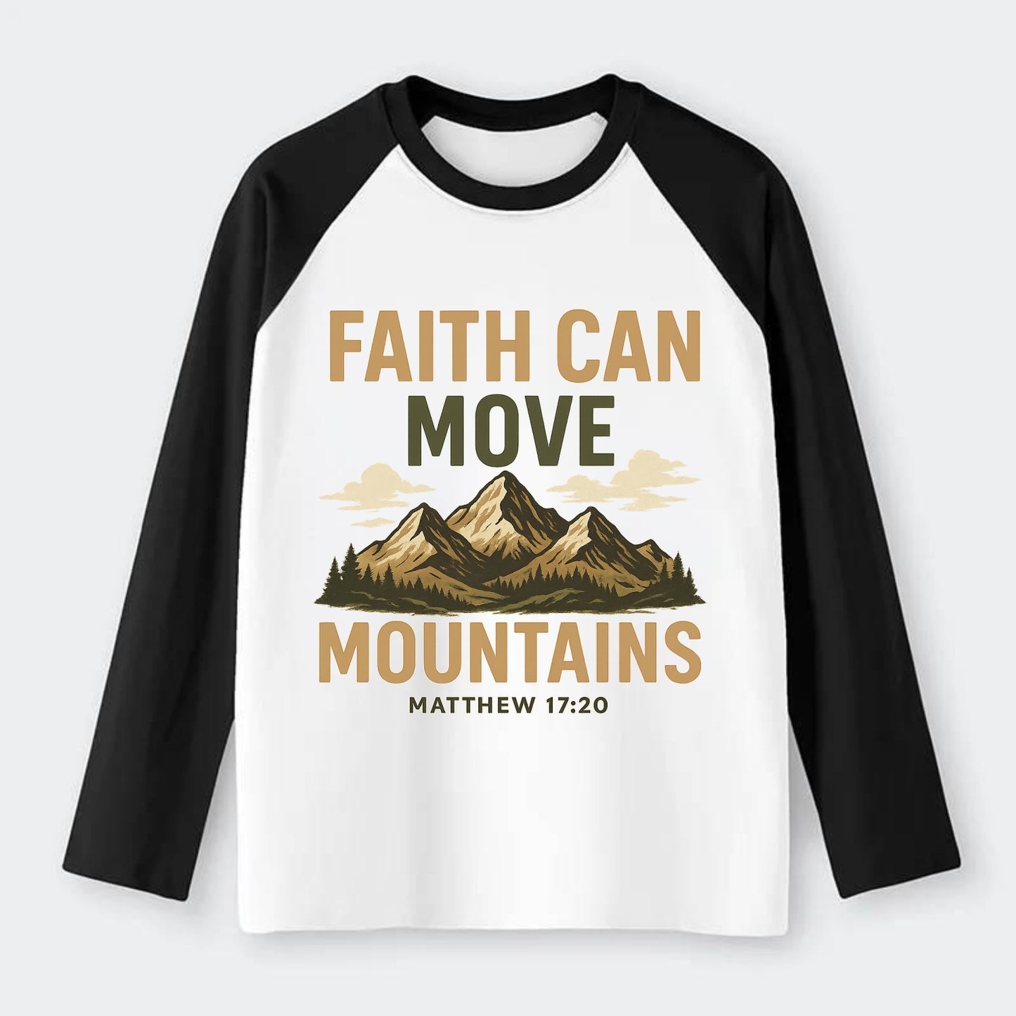 Matthew 17:20 Mountains - Raglan Long Sleeve T-Shirt - Black