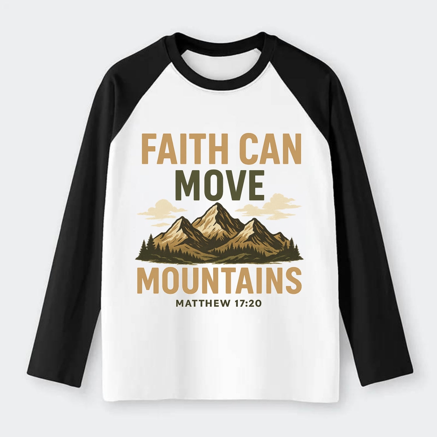 Matthew 17:20 Mountains - Raglan Long Sleeve T-Shirt - Black