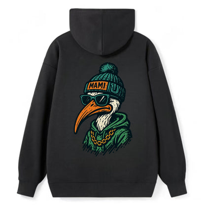 Coral Gables Ibis wearing Miami beanie with U patch - Classic Pullover Hoodie - Black