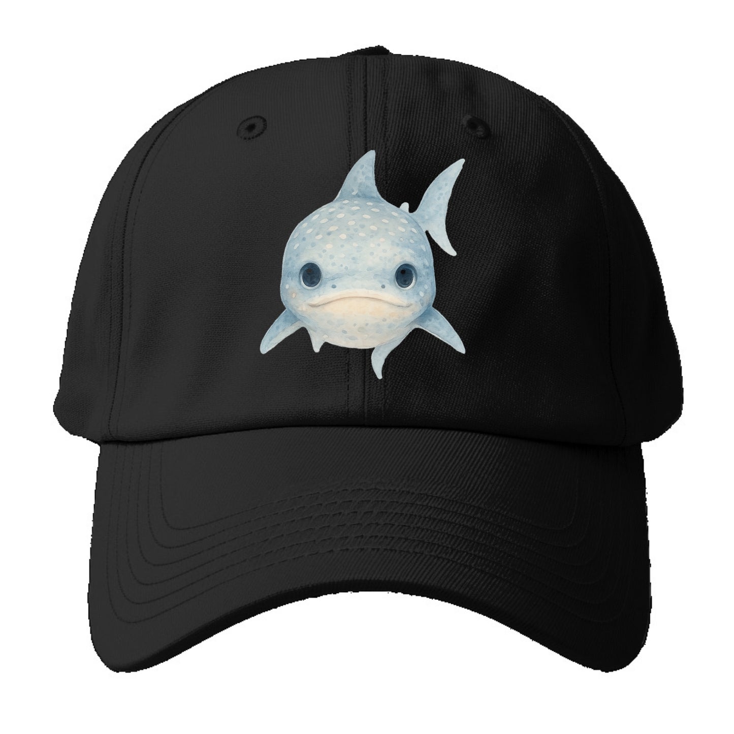 Baby Whale Shark - spotted blue-gray, wide mouth closed, tiny eyes, front-facing, - Baseball Cap - Black