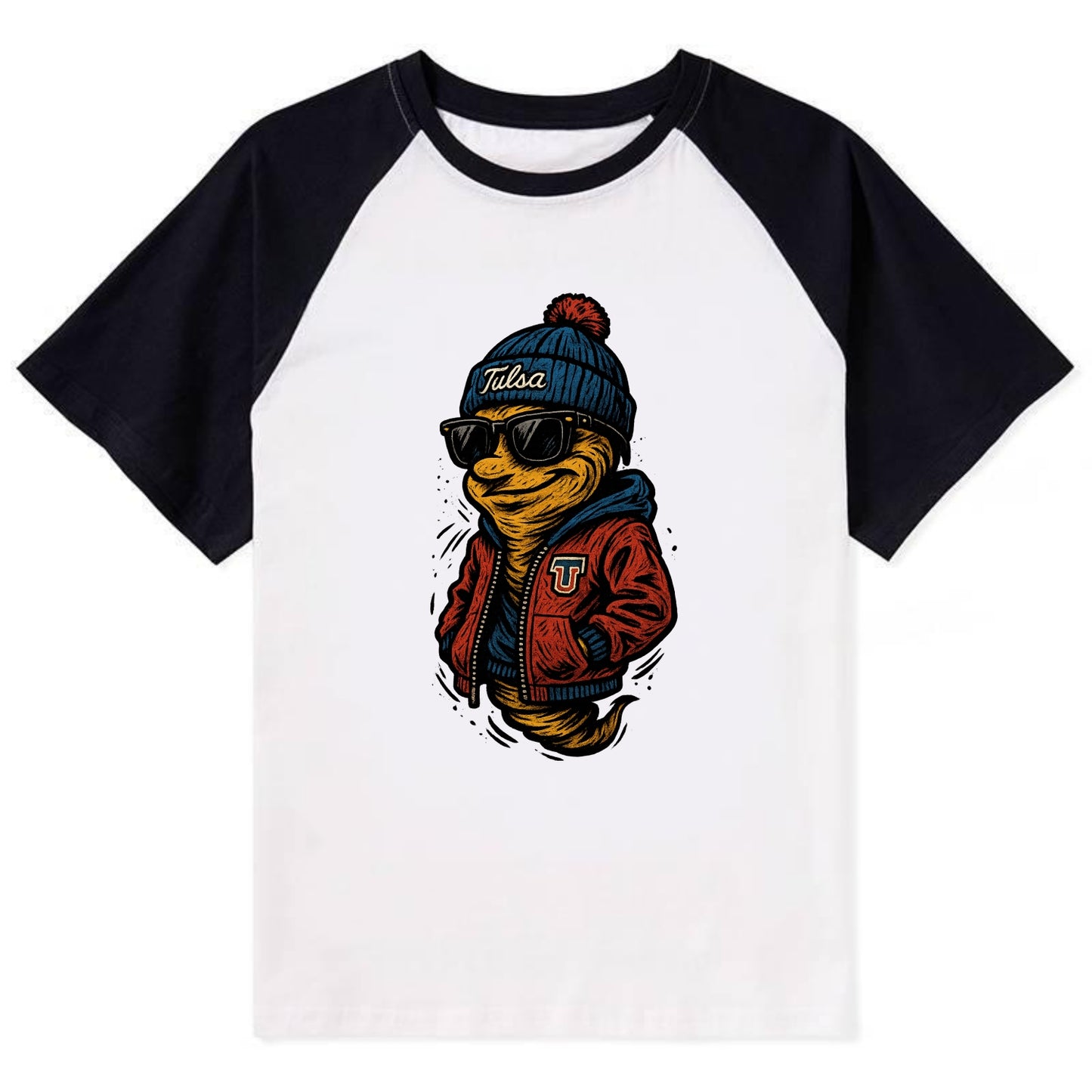 Tulsa Hurricane wearing Tulsa beanie with TU patch - Contrast Raglan T-shirt - Black