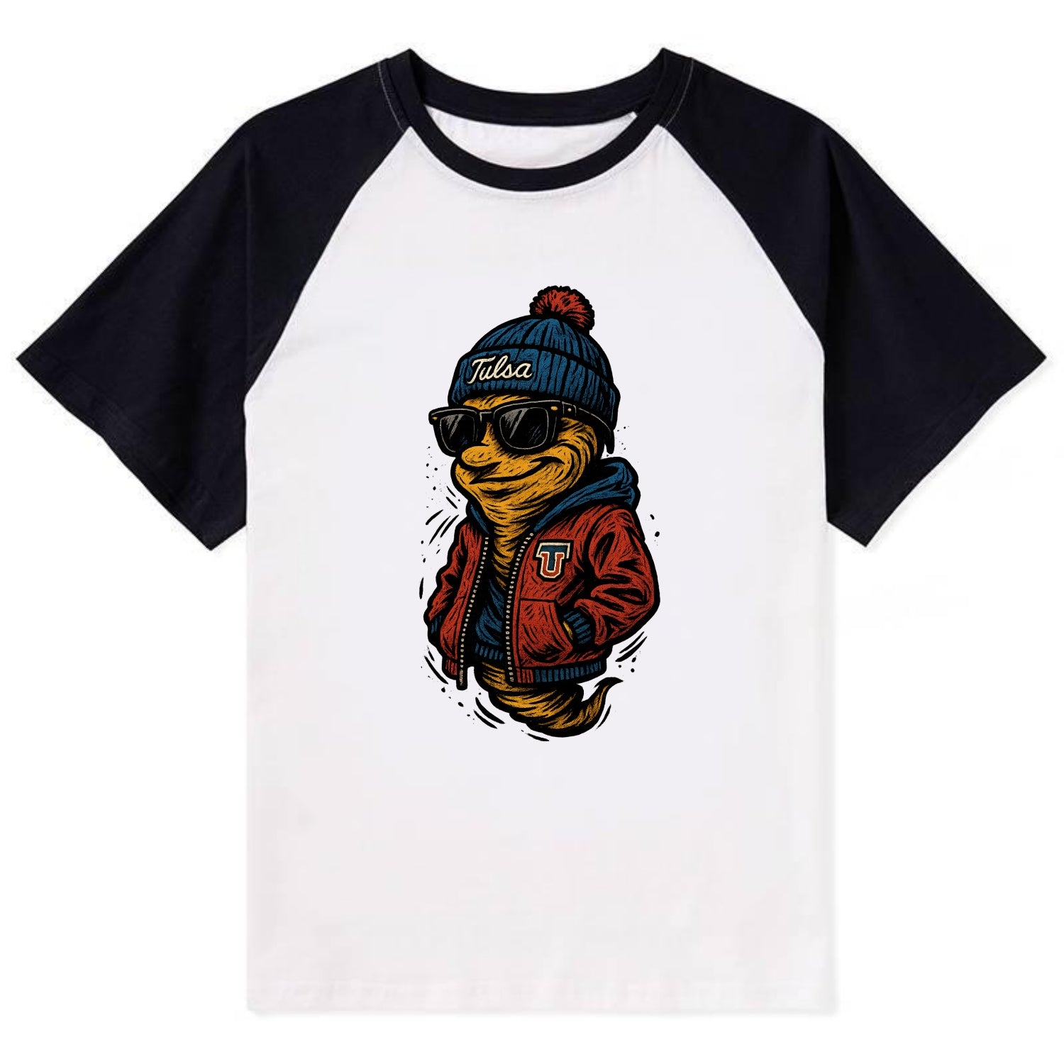 Tulsa Hurricane wearing Tulsa beanie with TU patch - Contrast Raglan T-shirt - Black