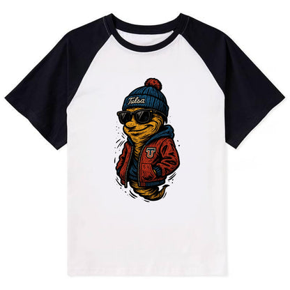 Tulsa Hurricane wearing Tulsa beanie with TU patch - Contrast Raglan T-shirt - Black